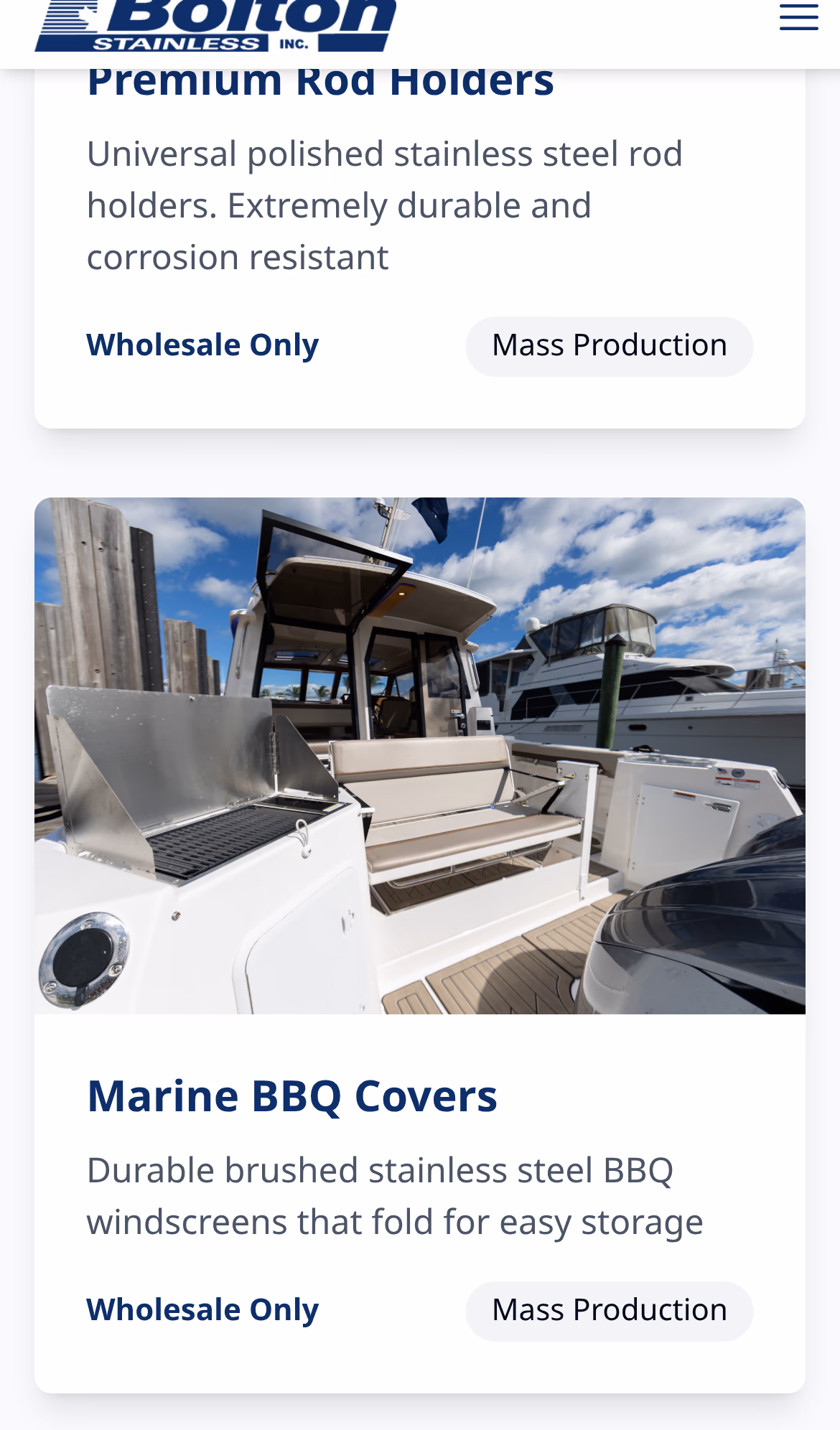 Bolton Stainless Inc. products section (mobile)